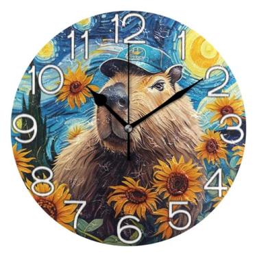Imagem de GAIGEO Relógio de parede analógico decorativo operado por bateria silencioso para quarto e cozinha, sala de estar, decoração de parede, pintura fofa capivara, 25 cm, ponteiros pretos