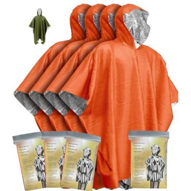 Imagem de AGKG123 Poncho de sobrevivência de emergência (4 peças) Cobertor térmico de revestimento de folha de Mylar para retenção de calor e chuva | Reversível com capuz | Impermeável, à prova de vento
