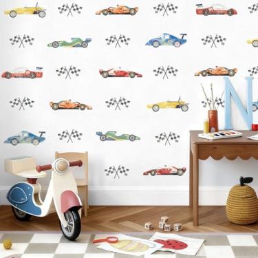 Imagem de JarThenaAMCS 8 folhas de adesivos de parede de carro de corrida aquarela tema de corrida bandeira de veículo decalques de parede para casa berçário quarto de crianças quarto sala de jogos sala de aula