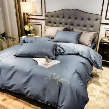 Imagem de Conjunto de cama de algodão macio de fibra longa, 100% algodão, conjunto de edredom sedoso, tamanho solteiro, 1, 1,5 m, 4 peças