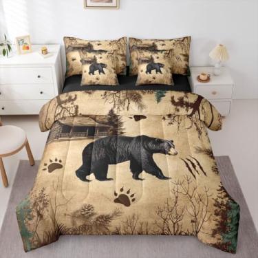 Imagem de Feelyou Jogo de cama rústico de 7 peças, urso selvagem, casa de fazenda, para crianças, meninos, meninas, tema animal, preto e marrom, macio e leve