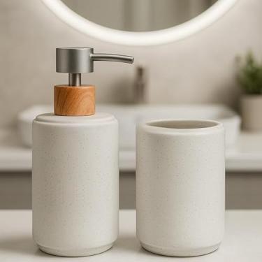 Imagem de Kit Banheiro Lavabo em Cerâmica com Dispenser para Sabonete Líquido e Porta Escova de Dente Decorativo(SNOW BRANCO)