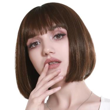 Imagem de Peruca curta reta bob com franja 20 cm moda sintética colorida cosplay diária festa peruca para mulheres marrom claro dourado com raiz escura