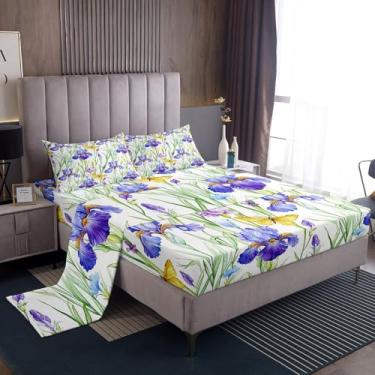 Imagem de jejeloiu Jogo de lençol casal com flores de íris desabrochando, borboleta, floral, lençol com elástico alto, flor roxa e botânica, 4 peças