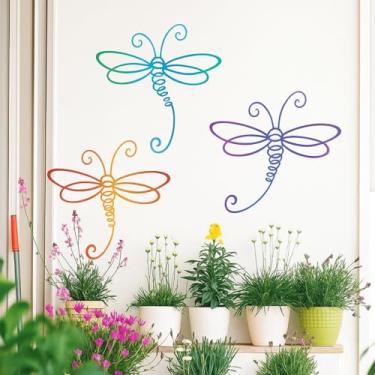 Imagem de Otoolling 3 peças de decoração de parede de libélula de metal multicolorido gradiente dragão mosca arte de parede ao ar livre para interior casa quarto sala de estar exterior jardim cerca decorações