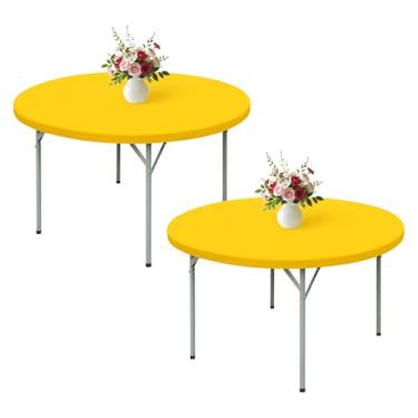 Imagem de Wolkemer Pacote com 2 toalhas de mesa amarelas de 1,5 m com bordas elásticas redondas de 152 cm, capa de mesa elástica de elastano com tecido lavável na máquina para festa de casamento, piquenique