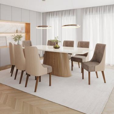 Imagem de Conjunto Mesa Olívia 200cm com Vidro 8 Cadeiras Ivy Marrom/ Off White / Bege/ Cacao