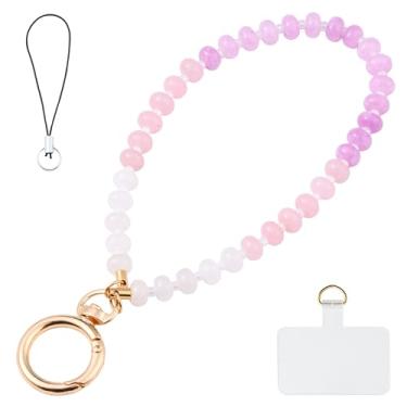 Imagem de Yeeyeow Cordão de pulso para telefone com contas de pedra natural rosa e roxo, chaveiro de amuleto de pedra preciosa feito à mão para mulheres, chaveiro sem as mãos