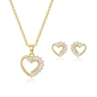 Imagem de Colar de brincos em formato de coração dourado para mulheres, banhado a ouro 14 K, conjunto de joias em forma de coração para mulheres, presente de aniversário do Dia da Alentina