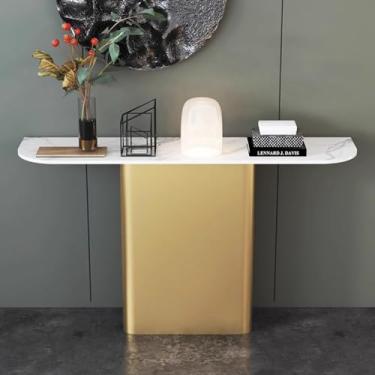 Imagem de Mesa de console, mesa de console dourada, mesa de sofá moderna com base de metal, moldura de ferro estável, mesa de entrada retangular para sala de estar, corredor, hall de entrada, escritório (cor