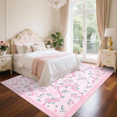 Imagem de GarveeHome Coquette Tapetes de laço rosa para quarto de meninas, 22 x 30 cm para sala de estar com pelo baixo macio, tapete lavável com laço floral antiderrapante, 22 x 30 cm, para berçário, sala de