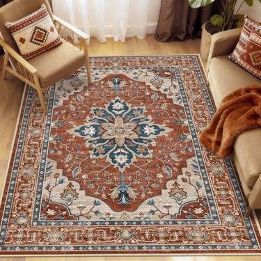 Imagem de RELEANY Tapetes de área 1,62 x 18 m, lavável, antiderrapante, floral, vintage, estampa de angústia, tapete medalhão para sala de estar, quarto, sala de jantar, vermelho, laranja, azul, marrom