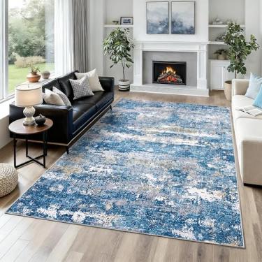 Imagem de GarveeHome Tapetes abstratos 15 x 23 cm lavável à máquina para sala de estar, tapete com suporte antiderrapante, macio resistente a manchas quarto berçário casa de fazenda azul claro