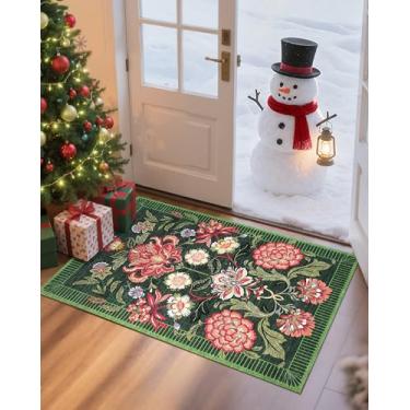 Imagem de GarveeHome Tapete de porta floral verde floresta 5 x 7 cm para entrada pequeno vintage boho chalé lavável antiderrapante tapete de pelo baixo para quarto, cozinha, banheiro, entrada