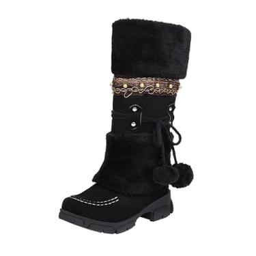 Imagem de Botas femininas de inverno, salto plano, cano alto, cano alto, cano longo, felpudo, bico redondo, cano médio, botas de neve, Preto, 34