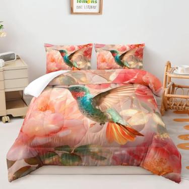 Imagem de AILONEN Conjunto de edredom de beija-flor tamanho queen para decoração de quarto, romântico rosa peônia floral, 3 peças, natureza, pássaro, flor, colcha com 2 fronhas