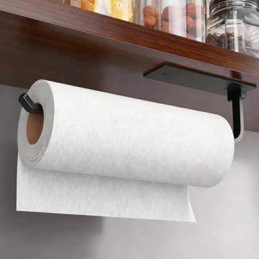 Imagem de Suporte de toalha de papel de alumínio atualizado sob o armário, instalação autoadesiva ou furadeira - Dispensador de rolo de cozinha preto fosco, toalheiro e suporte de alumínio