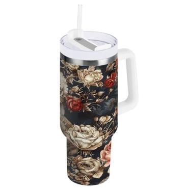 Imagem de SEHANY Copo de caveira e rosas de 850 g com alça, copo isolado de aço inoxidável a vácuo de parede dupla, caneca de café à prova de vazamento, copo isolado para viagem, cabe no suporte de copo de