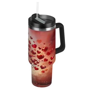 Imagem de ATTX Copo de árvores de corações vermelhos de 850 g com alça, copo de aço inoxidável a vácuo de parede dupla com palha, caneca de café de viagem isolada #39