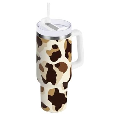 Imagem de SEHANY Copo de vaca marrom e branco de 850 g com alça, copo isolado de aço inoxidável a vácuo de parede dupla, à prova de vazamento, caneca de café isolada para viagem cabe no suporte de copo de carro