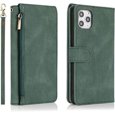 Imagem de KKFAUS Capa carteira com zíper para iPhone 14/14 Plus/14 Pro/14 Pro Max, capa de telefone de couro PU premium com alça de pulso slots de cartão suporte capa de notebook flip magnético (cor: verde, tamanho: 14ProMax)