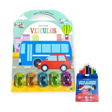 Imagem de Kit Livro De Colorir Veículos+5 mini carros+12 Lápis de cor - Brasille