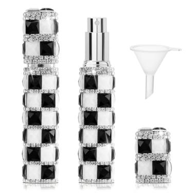 Imagem de TTOYOUU Atomizador de perfume de viagem recarregável, mini frascos de perfume de strass de 12 ml, vazio, recarregável, pulverizador atomizador de viagem com funil, 1 peça - preto e branco, 0.4 Ounces