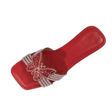 Imagem de Chinelos femininos de bico quadrado enfeitados com detalhes de strass, sandálias casuais de verão., Vermelho, 36