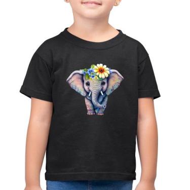Imagem de Camiseta Algodão Infantil Elefante E Flores - Foca na Moda, Preto, 2