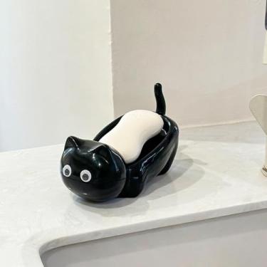 Imagem de Saboneteira fofa de gato preto autodrenante em barra suporte de sabão caixa rack recipiente para banheiro banheira chuveiro cozinha