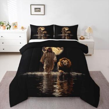 Imagem de Jogo de cama infantil de Deus e Leão, caminhando na água, animal selvagem, espiritual, edredom preto, 2 fronhas