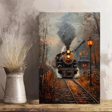 Imagem de Arte de parede em tela rústica vintage de trem a vapor outonal - Pôster sem moldura de 30 x 45 cm - Ideia de presente para decoração de casa e escritório para sala de estar, quarto, cozinha e café