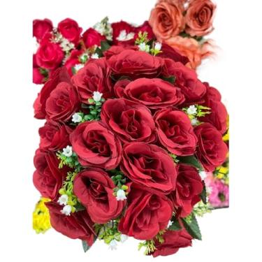 Imagem de Buquê de Rosas Artificiais com Folhagem C/24 Flores – Arranjo Decorativo Realista para Casa, Festa e Presente(Masala-3916/4581)
