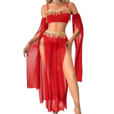 Imagem de ShawGobow Roupas de dança exóticas, saia de fenda alta, lingerie sexy para mulheres, fantasia de dança do ventre cosplay festival, Vermelho, Large