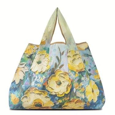 Imagem de Sacola reutilizável de grande capacidade - design chique de pintura a óleo, dobrável, lavável e fácil de limpar bolsa de compras de nylon para mulheres - perfeita para supermercado, cozinha e itens