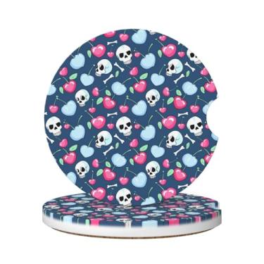 Imagem de Neukim Pacote com 2 porta-copos de carro crânio rosa azul cereja, porta-copos absorvente de cerâmica antiderrapante de 6 cm com base de cortiça e entalhe de dedo acessórios para carro interior para
