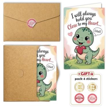 Imagem de Podagree Cartão de felicitações do Dia dos Namorados, cartão "I Will Always Hold You Close to My Heart", adorável cartão de amor de dinossauro, doce cartão romântico para namorado, namorada, parceiro
