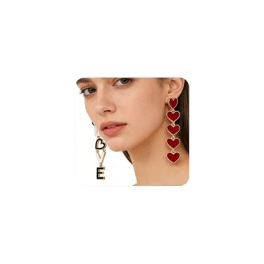 Imagem de Brincos femininos com pingente de coração vermelho para dia dos namorados, exclusivos, com letras assimétricas, brincos de amor, esmaltados, em forma de coração, joias modernas, Large, Metal, Sem