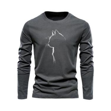 Imagem de Camiseta Masculina De Algodão Com Estampa De Gato, Manga Longa, Gola R