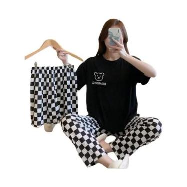 Imagem de Conjunto De Pijamas Femininos De Verão Em Três Peças, Camiseta De Mang