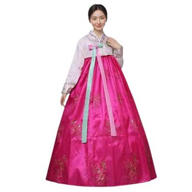 Imagem de STIOEDYUAN Vestido feminino tradicional coreano Hanbok de manga comprida com bordado floral, Vermelho rosa, Small