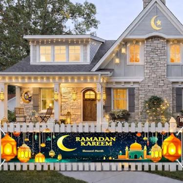 Imagem de BlissYard Ramadan Kareem Banner 118×19.172.7 cm cenário de decoração de feriado islâmico para casa ao ar livre cerca parede varanda mesquita noite celebração reunião configuração e exibição de fotos