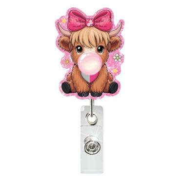 Imagem de Carretel de crachá de vaca rosa fofo porta-crachá de dia dos namorados, laço de flor, estrela de vaca Highland, crachá, crachá, retrátil e engraçado, clipe para crachá de dia dos namorados, molinete