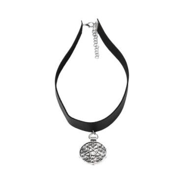 Imagem de Colar Gargantilha Feminino De Couro Preto Com Pingente Medalhão Yennef