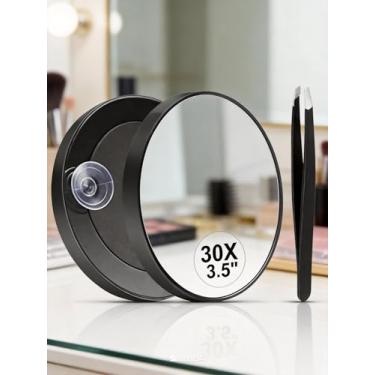 Imagem de Espelho de aumento 30X, espelho compacto redondo de 8,5 cm com ventosa, pinças de aço inoxidável, perfeito para maquiagem, sobrancelhas, barbas, viagens