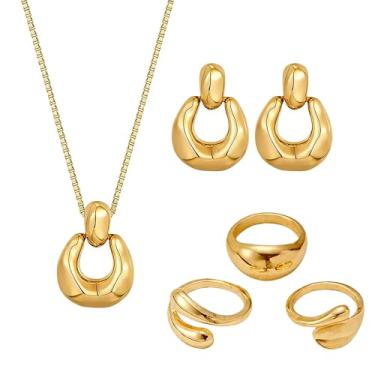 Imagem de Wklidu Conjunto de 5 peças de colar de ouro e brincos de declaração, anéis ajustáveis grossos dourados para mulheres, acessórios de joias vintage para festas de formatura