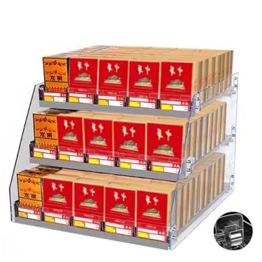 Imagem de Rack de exibição de cigarro de acrílico, suporte trapezoidal montado na parede, prateleira de bancada de empurrador automático para supermercado, suporte de exibição de varejo (69 x 29 x 28 cm)