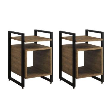 Imagem de Kit 2 Mesas De Cabeceira Industrial Marrocos Ferro Preto E Tampo Freijó