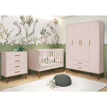 Imagem de Jogo De Quarto Retrô Para Bebê Completo 4 Portas Isis Rosa Fosco - Moveisaqui