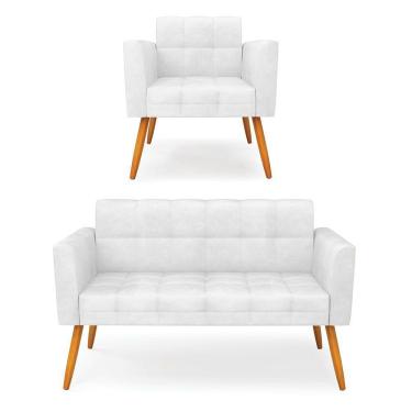 Imagem de Kit 1 Sofá Namoradeira E 1 Poltrona Elisa Corano Branco Pés Palito Castanho - D'rossi